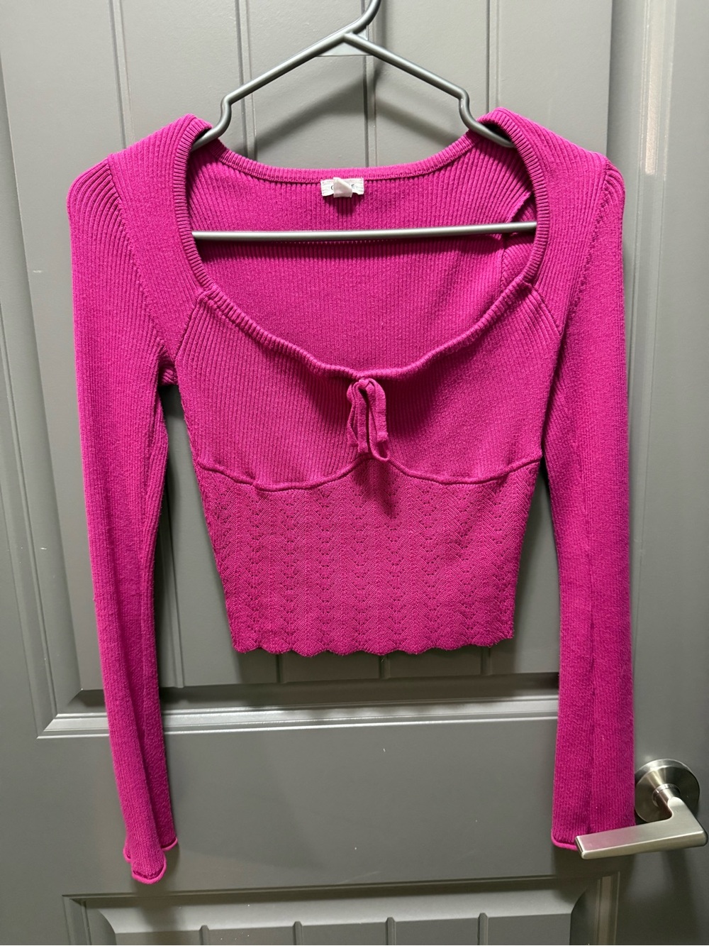 Garage Fuchsia Ribbed Tie-Front Long Sleeve Crop Top